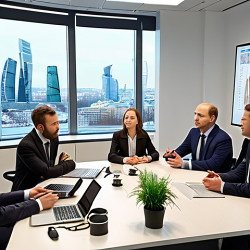 Home 15 **
Prompt: Business meeting in a modern office, discussing sustainability reports and ESG metrics, focused on environmental and social governance, data analysis, sustainable business strategy, investor relations, eco-friendly office, Moscow cityscape background.
**