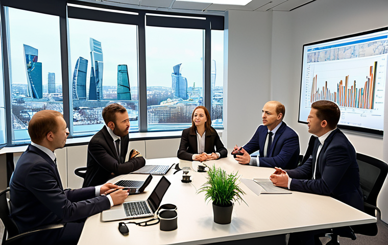 **
Prompt: Business meeting in a modern office, discussing sustainability reports and ESG metrics, focused on environmental and social governance, data analysis, sustainable business strategy, investor relations, eco-friendly office, Moscow cityscape background.
**