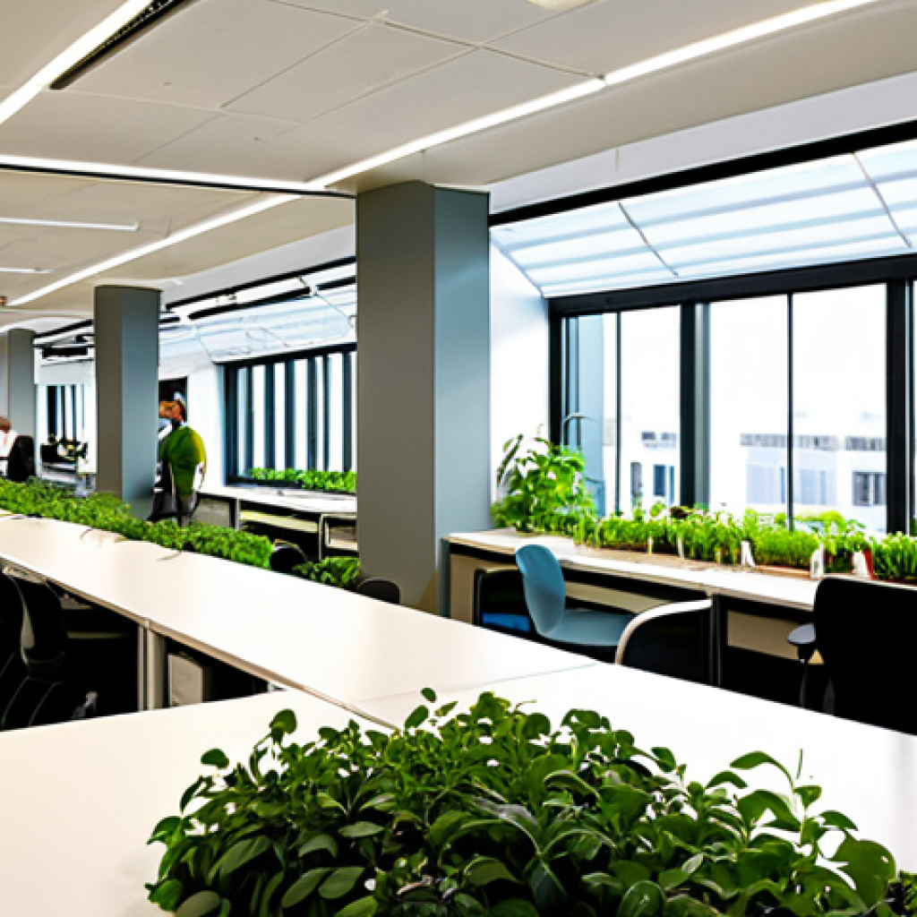 **

A bustling modern office space filled with natural light, showcasing employees working collaboratively. Solar panels are visible on the roof through a large window. Green plants adorn desks and common areas. The overall atmosphere is bright, positive, and productive. Depict LED lighting fixtures and recycling bins strategically placed around the office. The image should convey a sense of energy efficiency and a commitment to sustainability within a modern workplace setting. Focus on conveying the concepts of "employee engagement" and a "corporate culture of sustainability." Style: Modern, bright, corporate photography.

**