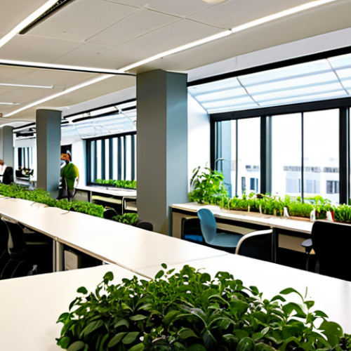 Home 14 **
A bustling modern office space filled with natural light, showcasing employees working collaboratively. Solar panels are visible on the roof through a large window. Green plants adorn desks and common areas. The overall atmosphere is bright, positive, and productive. Depict LED lighting fixtures and recycling bins strategically placed around the office. The image should convey a sense of energy efficiency and a commitment to sustainability within a modern workplace setting. Focus on conveying the concepts of "employee engagement" and a "corporate culture of sustainability." Style: Modern, bright, corporate photography.
**
