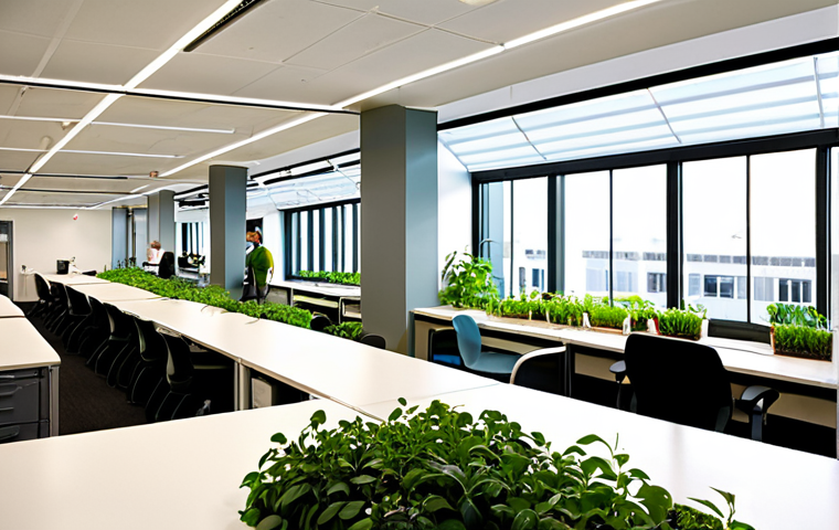 **
A bustling modern office space filled with natural light, showcasing employees working collaboratively. Solar panels are visible on the roof through a large window. Green plants adorn desks and common areas. The overall atmosphere is bright, positive, and productive. Depict LED lighting fixtures and recycling bins strategically placed around the office. The image should convey a sense of energy efficiency and a commitment to sustainability within a modern workplace setting. Focus on conveying the concepts of "employee engagement" and a "corporate culture of sustainability." Style: Modern, bright, corporate photography.
**
