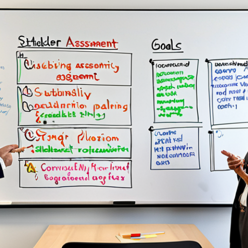 Home 7 **A diverse group of consultants brainstorming around a table, developing an ESG strategy for a modern office building. Whiteboard filled with notes on "Sustainability Goals," "Risk Assessment," and "Stakeholder Engagement." Focus on collaboration and strategic planning.**