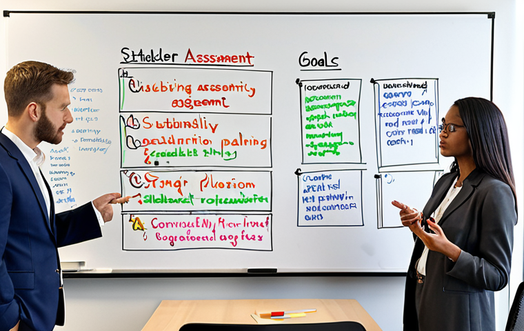 **A diverse group of consultants brainstorming around a table, developing an ESG strategy for a modern office building. Whiteboard filled with notes on "Sustainability Goals," "Risk Assessment," and "Stakeholder Engagement." Focus on collaboration and strategic planning.**